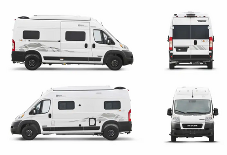 White Winnebago Solis camper van displayed from various perspectives, perfect for an RV rental road trip.
