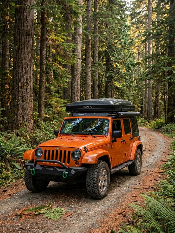  and propane tank for outdoor adventure.|Organized SUV camping setup with a wooden pull-out kitchen & Kelty gear bag. Ideal for your next rv rental trip!|Rooftop tent on an rv rental