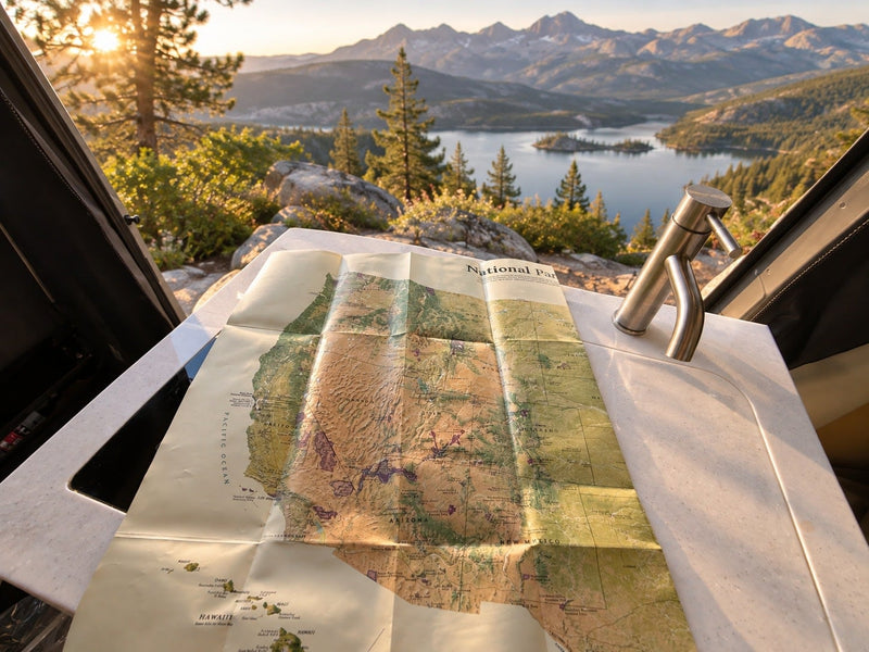  face a screen showing a beautiful mountain lake and starry sky.|Cozy RV rental bedroom: A comfortable bed with grey pillows — photo 10