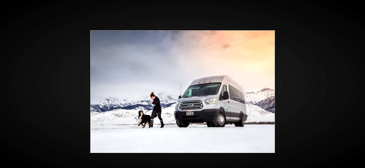 Enjoy winter with an RV rental! A woman and her dog explore snowy mountains beside a silver van, perfect for pet-friendly adventures. — photo 12