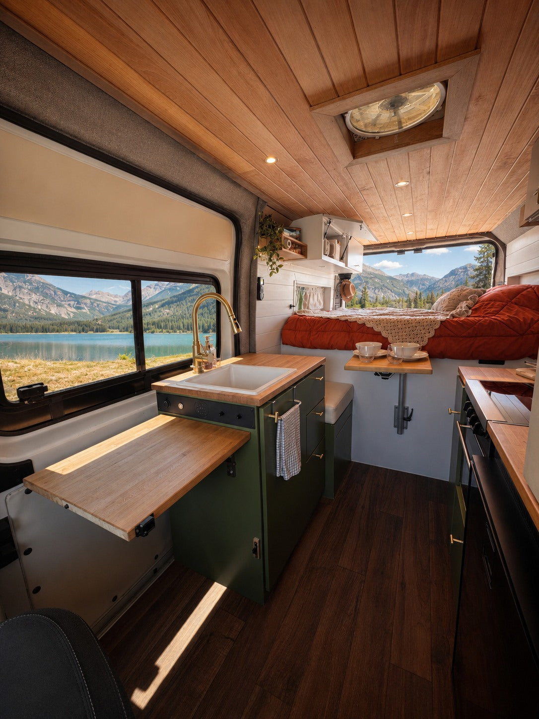 Explore this stylish RV rental's interior: kitchen, bed with scenic mountain views, and comfy dining nook.