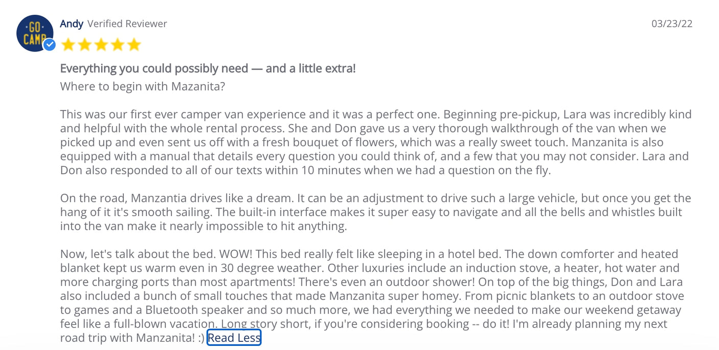 A positive 5-star customer review for an rv rental, detailing a great experience with a comfortable camper van.