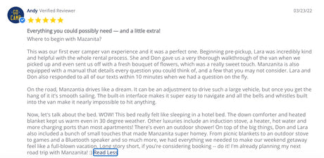 A positive 5-star customer review for an rv rental, detailing a great experience with a comfortable camper van.