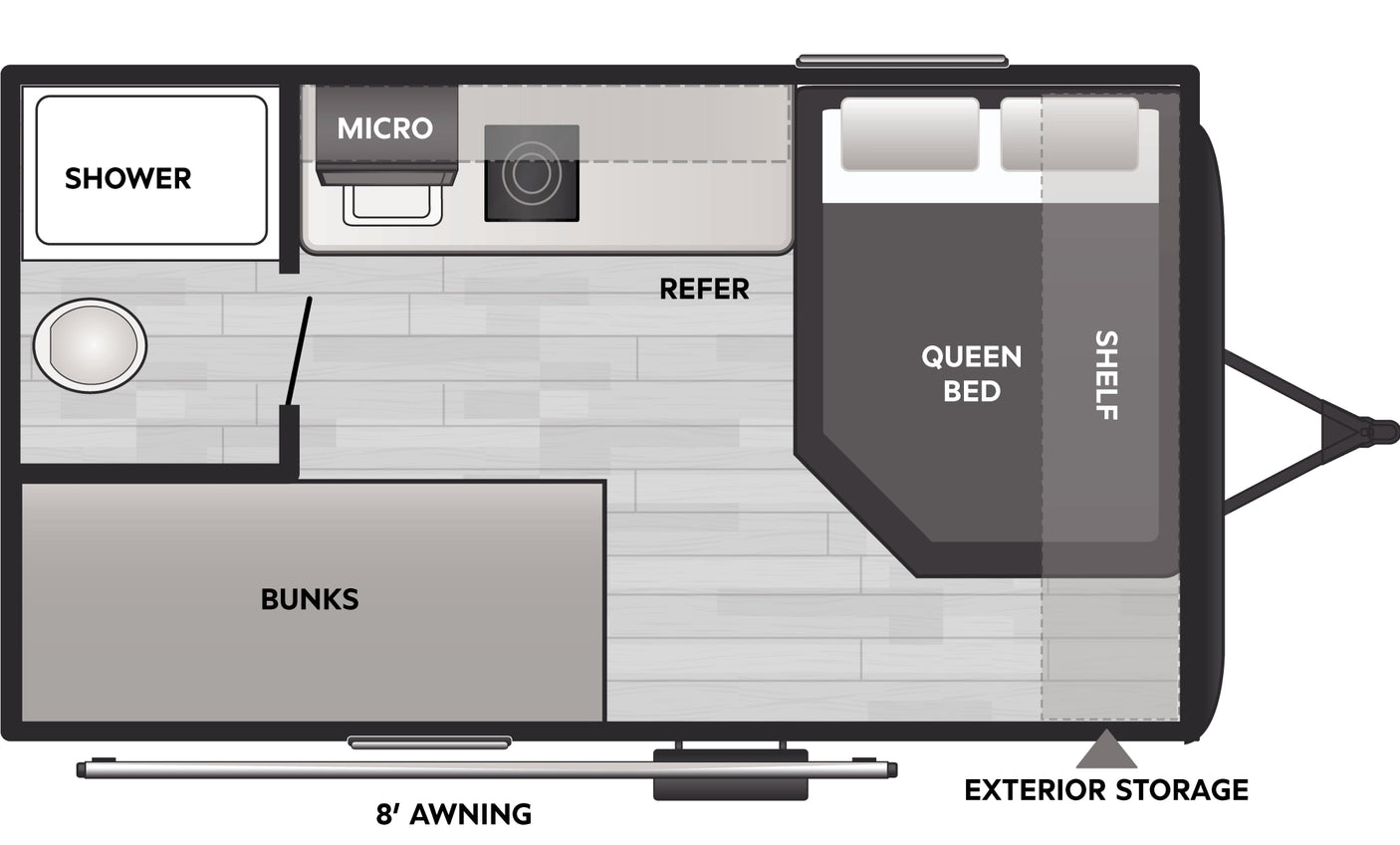 Explore this RV rental's detailed floor plan: queen bed, bunks, kitchen (microwave, fridge), shower, and exterior storage.