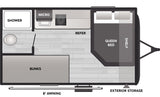 Explore this RV rental's detailed floor plan: queen bed, bunks, kitchen (microwave, fridge), shower, and exterior storage.