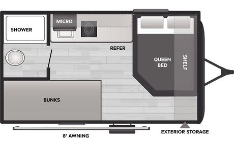 Explore this RV rental's detailed floor plan: queen bed, bunks, kitchen (microwave, fridge), shower, and exterior storage.