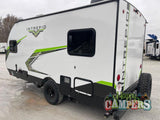 This white Intrepid compact travel trailer with green graphics is ready for your next RV rental adventure!