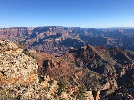 Vast Grand Canyon layers stretch under clear skies. Book your RV rental for an unforgettable national park adventure.