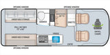 View this rv rental floor plan: pull-out bed, shower, dinette, kitchen, swivel chairs, & storage. Detailed interior layout.