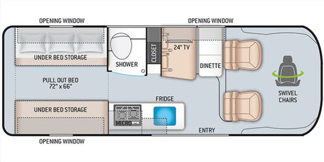 View this rv rental floor plan: pull-out bed, shower, dinette, kitchen, swivel chairs, & storage. Detailed interior layout.