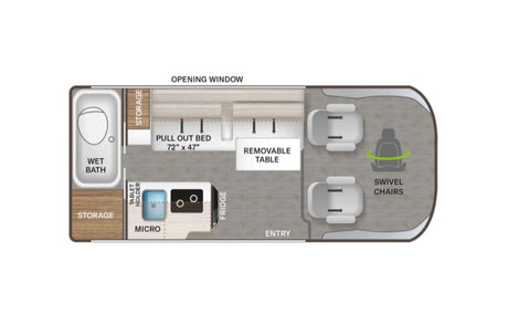 This RV rental floor plan shows the interior layout: wet bath, 72"x47" pull-out bed, kitchen, swivel chairs, & storage.