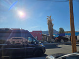 A dark grey RV rental is parked on a sunny day across from the unique Pelican Spa building and its signs, with a tall, dry palm tree.