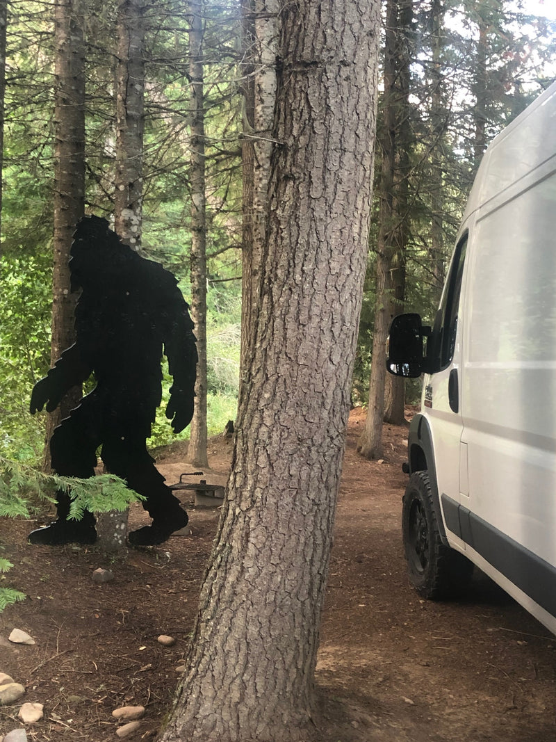 A Bigfoot silhouette stands in a dense forest next to an RV rental, partially hidden by a large tree trunk. — photo 14