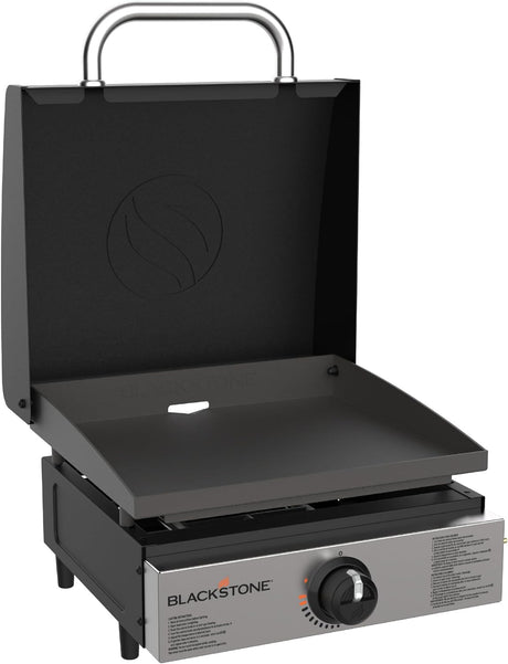 A Blackstone portable griddle, shown open with its cooking surface and controls, ideal for RV rental adventures.