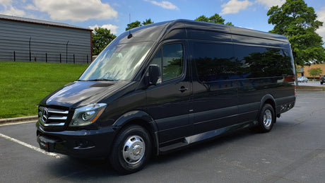 Black Mercedes-Benz Sprinter van for RV rental. Enjoy luxury travel with this spacious vehicle.
