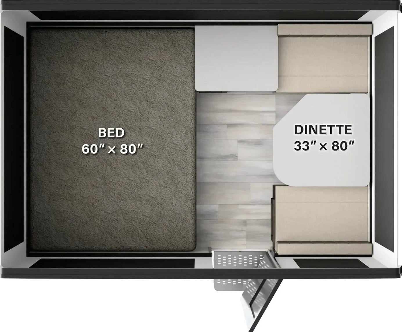  with mesh windows.|RV rental floorplan: Queen bed (60x80") & dinette (33x80") in a compact