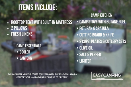 This RV rental includes all camping essentials: rooftop tent, kitchen gear, cooler, and more for 2 people. #rvrental #camping