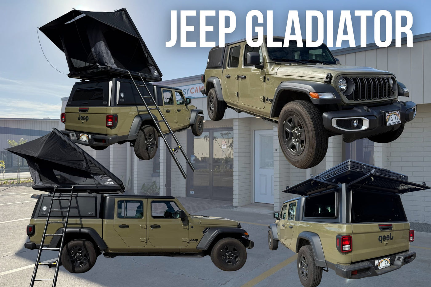  ready for mountain camping.|Explore with a Jeep Gladiator rv rental! This overland-ready truck features a hard-shell rooftop tent for adventure camping.|Featured: TOPOAK hard shell rooftop tent for ultimate RV rental overlanding & camping trips.|Jeep interior for rv rental showing steering wheel — photo 2