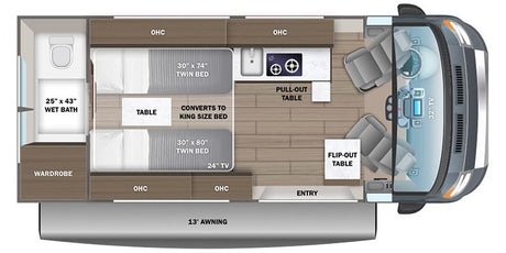 This RV rental interior layout showcases convertible twin beds, a wet bath, kitchen, and lounge area for comfortable travel.