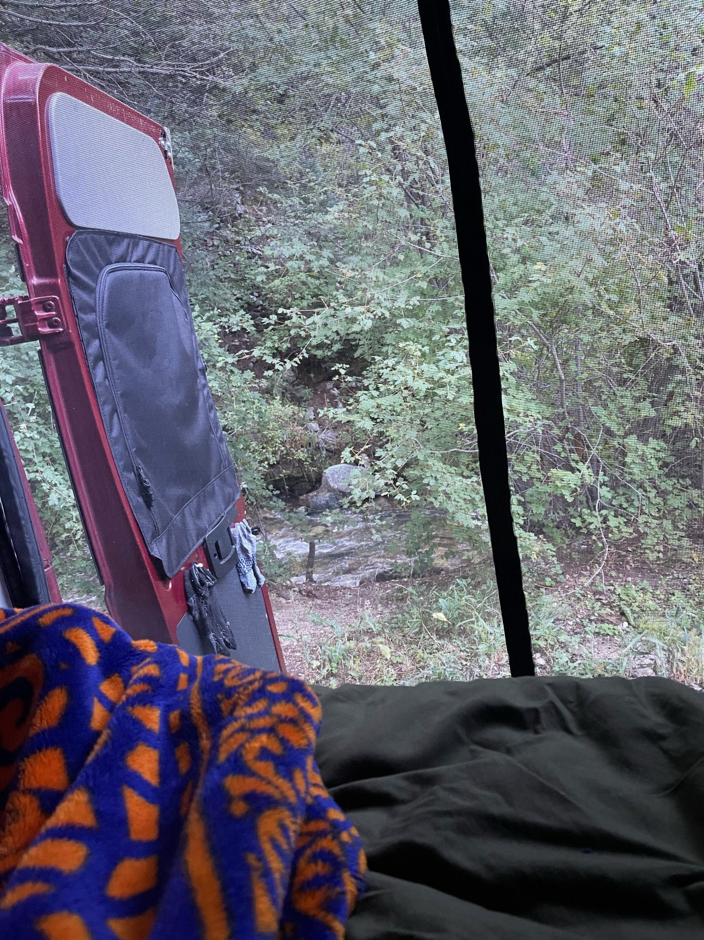 Cozy in an RV rental, viewing a lush forest and stream through an open, screened door from a comfortable bed. — photo 12