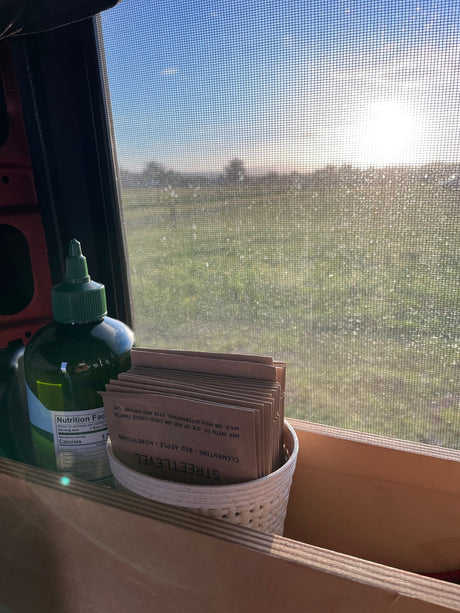 RV rental morning view: Sun through a screen, with a green bottle and 'Streetlevel' drink packets on a wooden shelf.