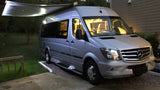  showing interior.|Silver Mercedes-Benz Sprinter RV rental parked at night