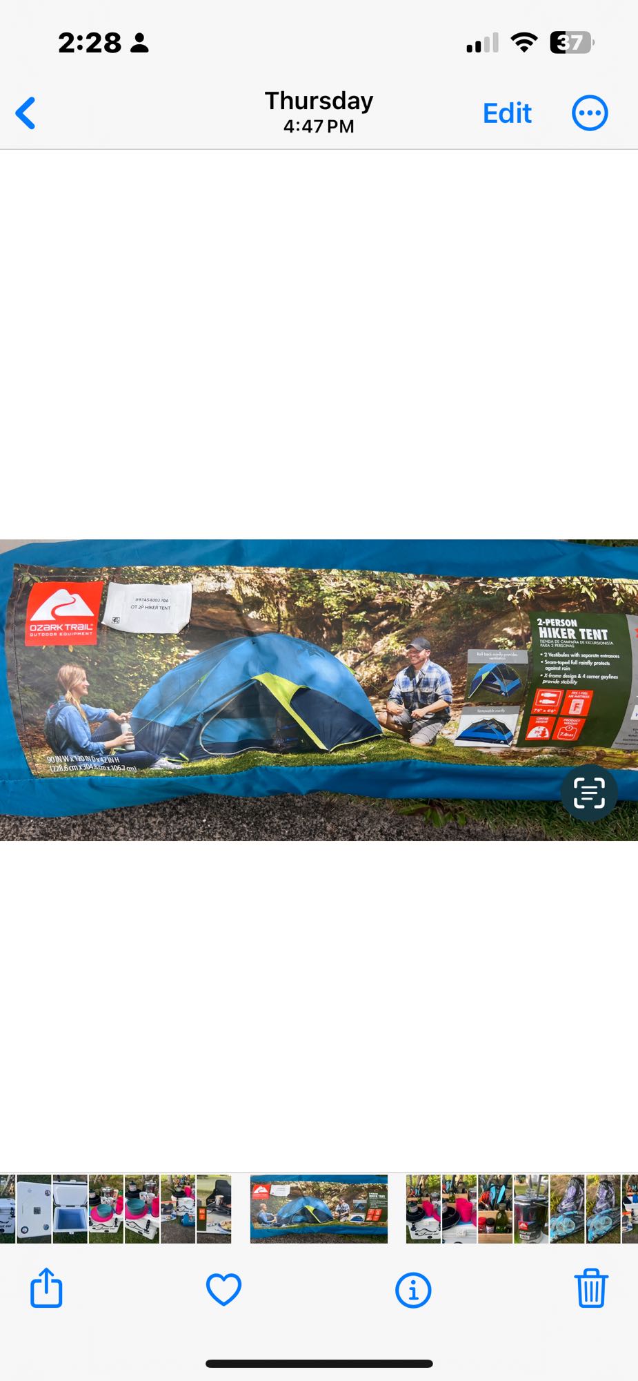 Detailed view of an Ozark Trail 2-person hiker tent packaging, showcasing essential outdoor equipment for camping or an rv rental trip.
