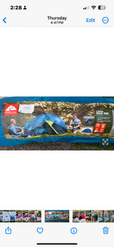 Detailed view of an Ozark Trail 2-person hiker tent packaging, showcasing essential outdoor equipment for camping or an rv rental trip.