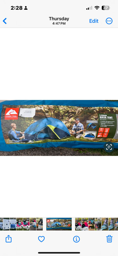 Detailed view of an Ozark Trail 2-person hiker tent packaging, showcasing essential outdoor equipment for camping or an rv rental trip.