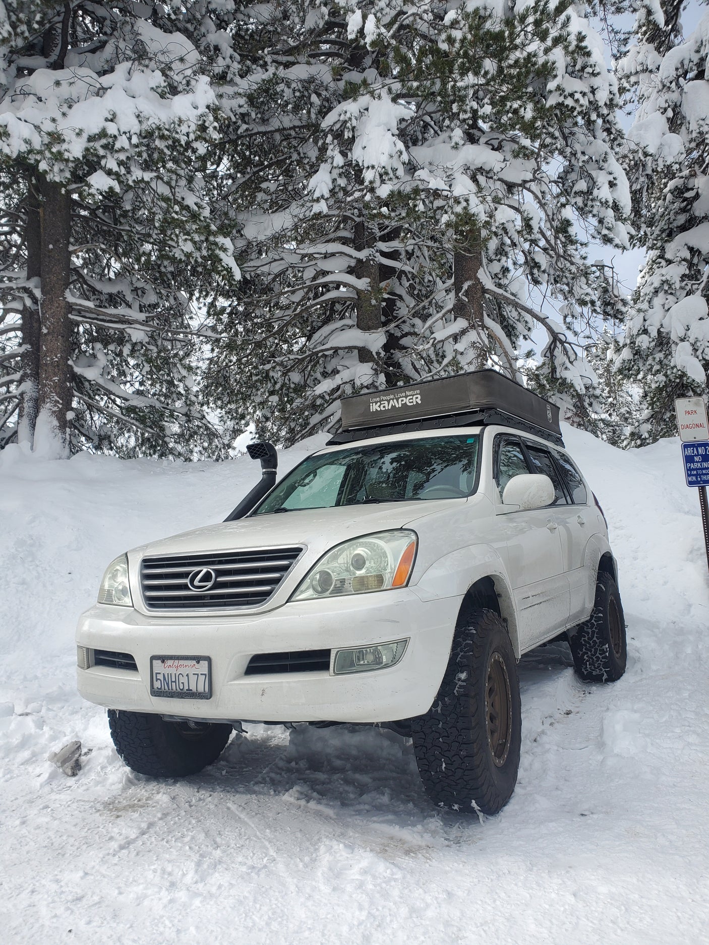 A white Lexus GX 470 with a rooftop tent is parked in deep snow among pine trees, ready for an rv rental outdoor adventure.