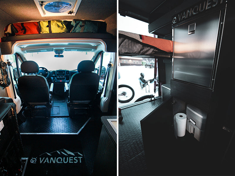 Explore compact RV rental living! This camper van interior features a front cab, overhead storage, fridge, bunk bed, and a hidden toilet.
