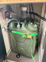 RV rental fresh/gray water setup: 20L tanks, pump, and sink drain secured. Ideal for campervan adventures.