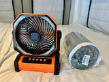 Essential RV rental accessories: a versatile portable fan with lights and a comfy rolled blanket.