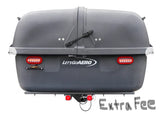 Rear view of a dark gray LET'S GO AERO cargo carrier, an essential RV rental accessory for extra gear.