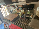 RV rental kitchen: organized sink with drying rack, cutting board, spices, and cleaning supplies, bathed in natural light.