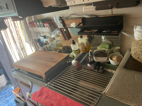 RV rental kitchen: organized sink with drying rack, cutting board, spices, and cleaning supplies, bathed in natural light.