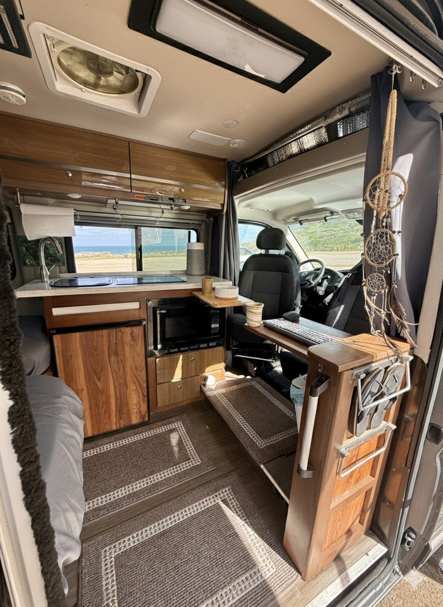 This rv rental's interior boasts a fully equipped kitchen, comfy sleeping area, and a workstation with an ocean view.