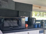 RV rental kitchen counter featuring a microwave, kettle, two blue mugs, and Kona coffee container.