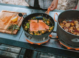 RV rental adventure: Fresh salmon, Brussels sprouts, and potatoes cooking on a camp stove outdoors.