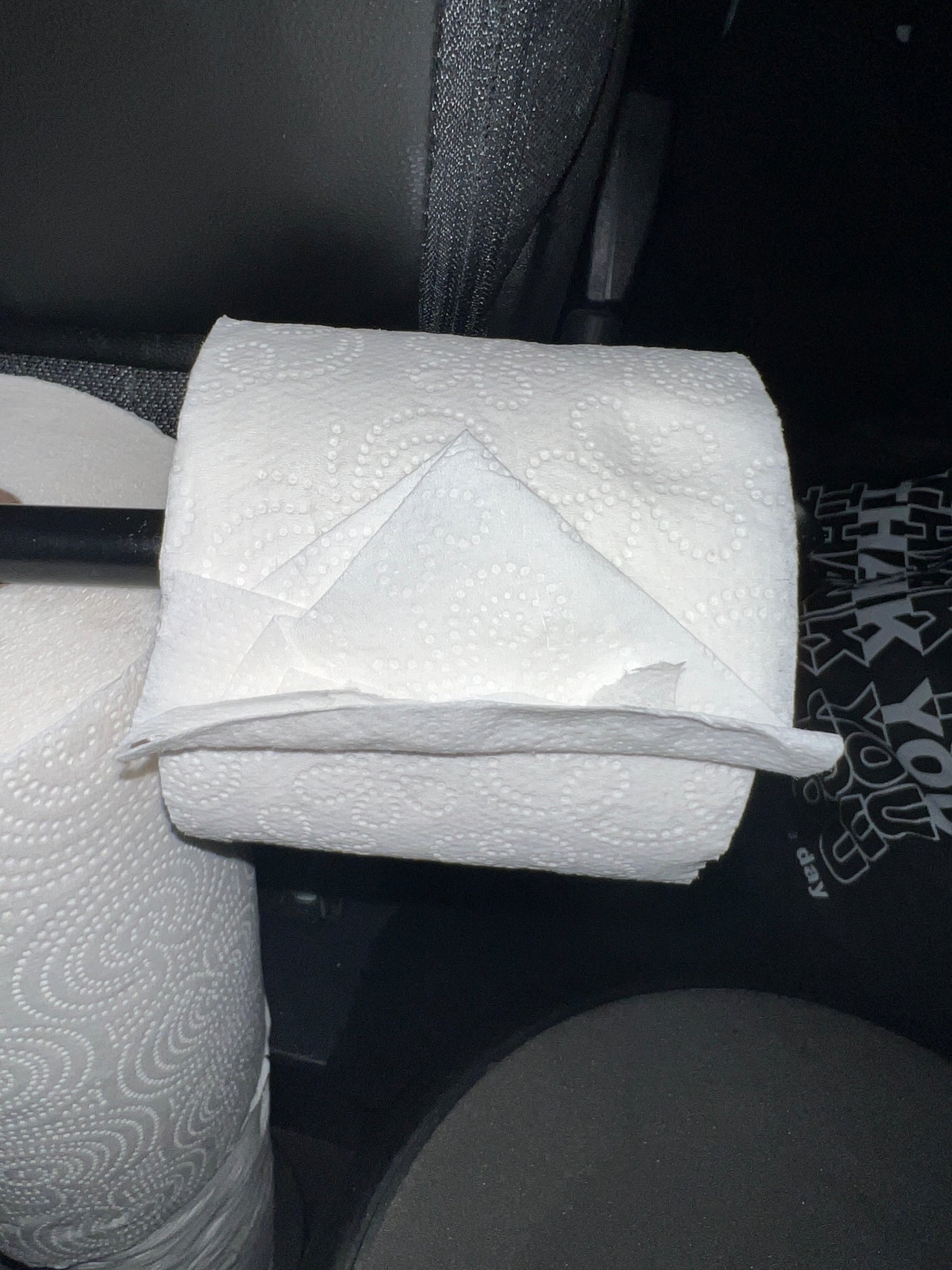 Neatly pointed toilet paper roll on a holder, a thoughtful amenity in an RV rental bathroom.