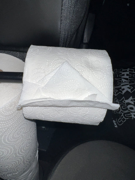 Neatly pointed toilet paper roll on a holder, a thoughtful amenity in an RV rental bathroom.