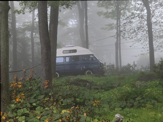 Experience a foggy forest getaway! This blue camper van RV rental