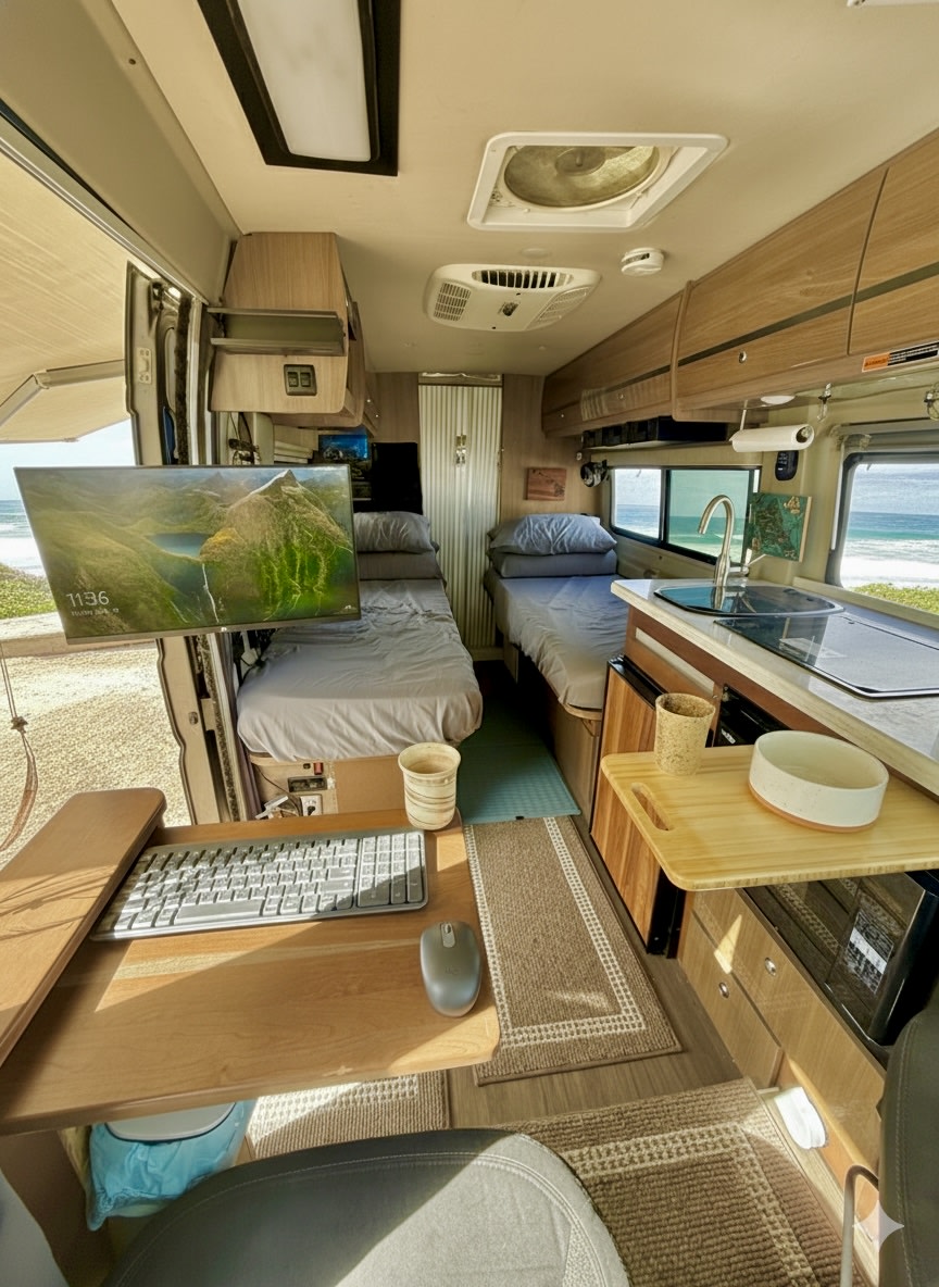This inviting RV rental features a workstation, cozy beds, a kitchen, and a stunning ocean view, perfect for remote work.