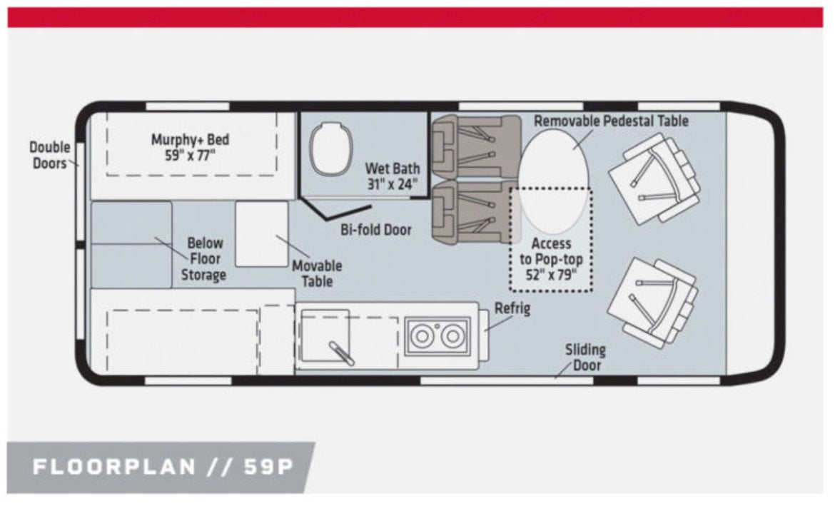 RV rental floorplan 59P. Detailed layout with Murphy bed, wet bath, kitchen, dining, and pop-top access. — photo 13