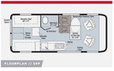 RV rental floorplan 59P. Detailed layout with Murphy bed, wet bath, kitchen, dining, and pop-top access.