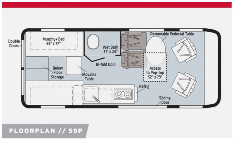 RV rental floorplan 59P. Detailed layout with Murphy bed, wet bath, kitchen, dining, and pop-top access. — photo 13