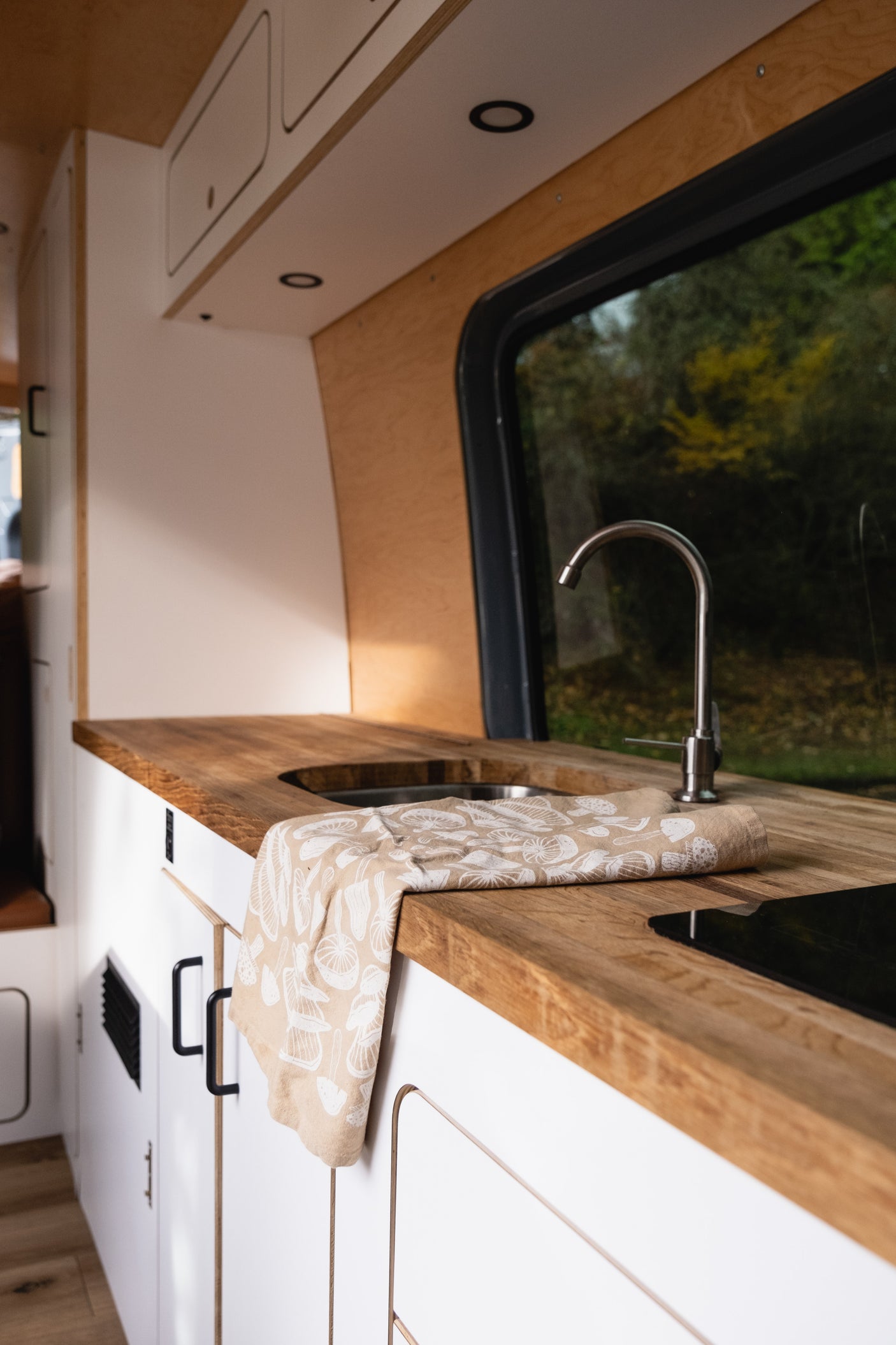 Modern RV rental kitchen: wooden countertop, sink, and stovetop for your next adventure.