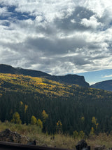 Experience fall mountain beauty! Vibrant yellow aspens and dark green evergreens blanket mountains under a dramatic sky. Ideal RV rental scenery.