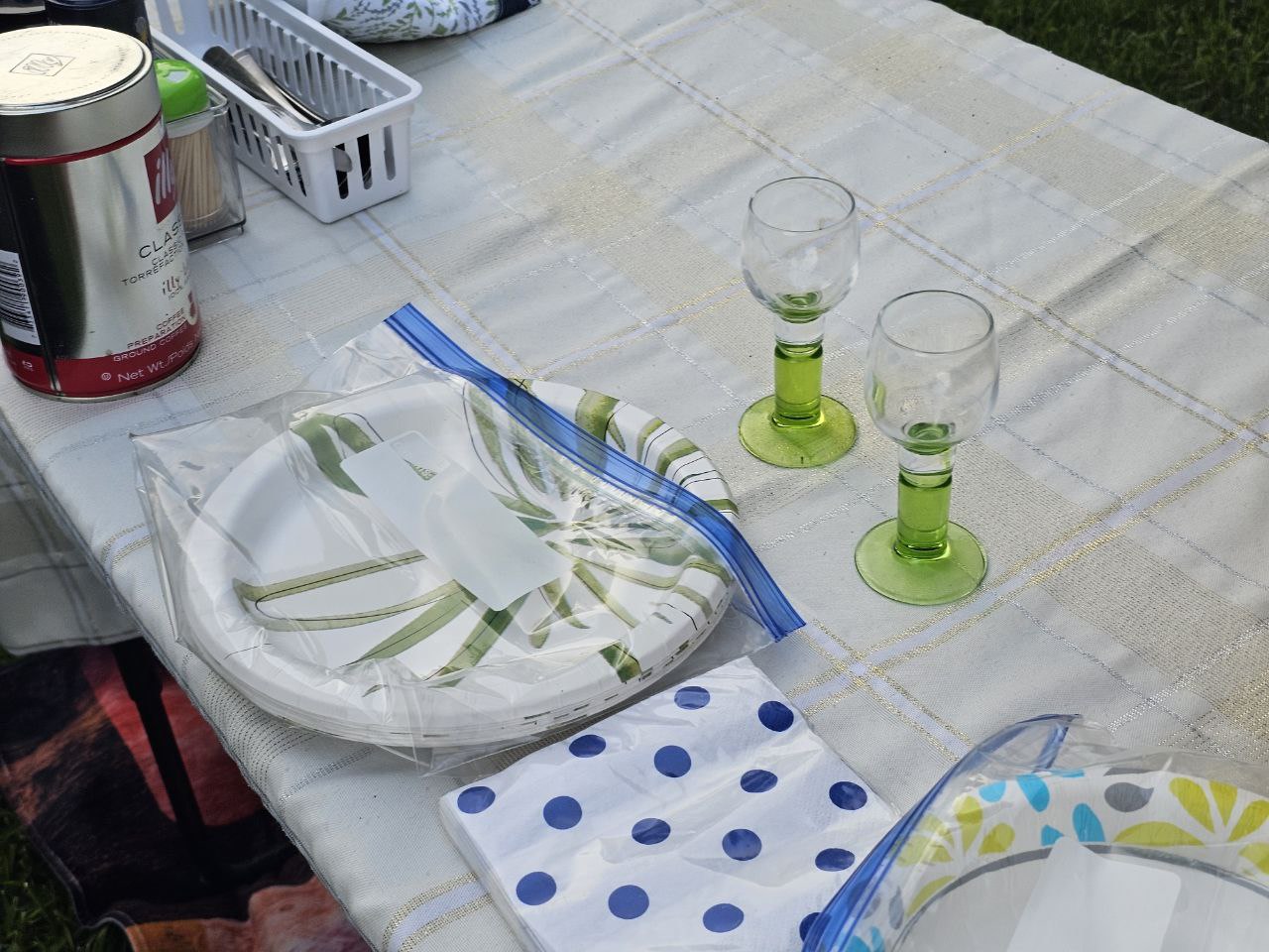RV rental ready: An outdoor table with plaid cloth holds coffee, green-stemmed glasses, paper plates, and napkins for dining.