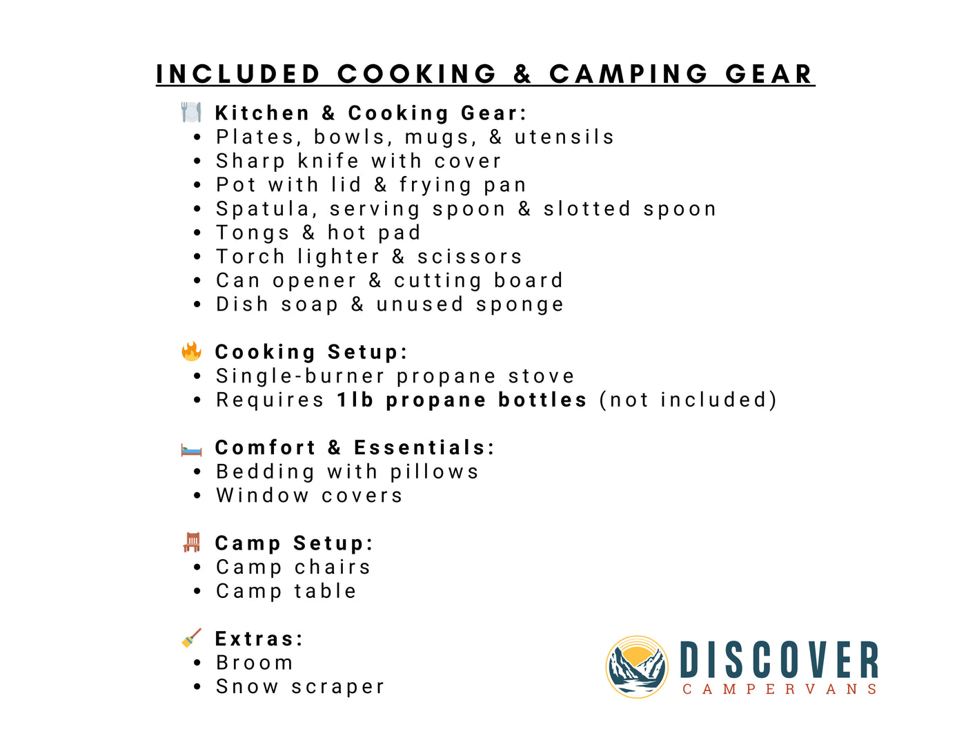 An RV rental includes cooking & camping gear from Discover Campervans: kitchenware, stove, bedding, camp chairs, and useful extras. — photo 8